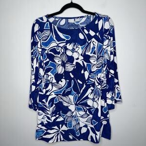 Chico’s Travelers Women’s Floral Bell Sleeve Tunic Slinky Knit Blue Size 0
